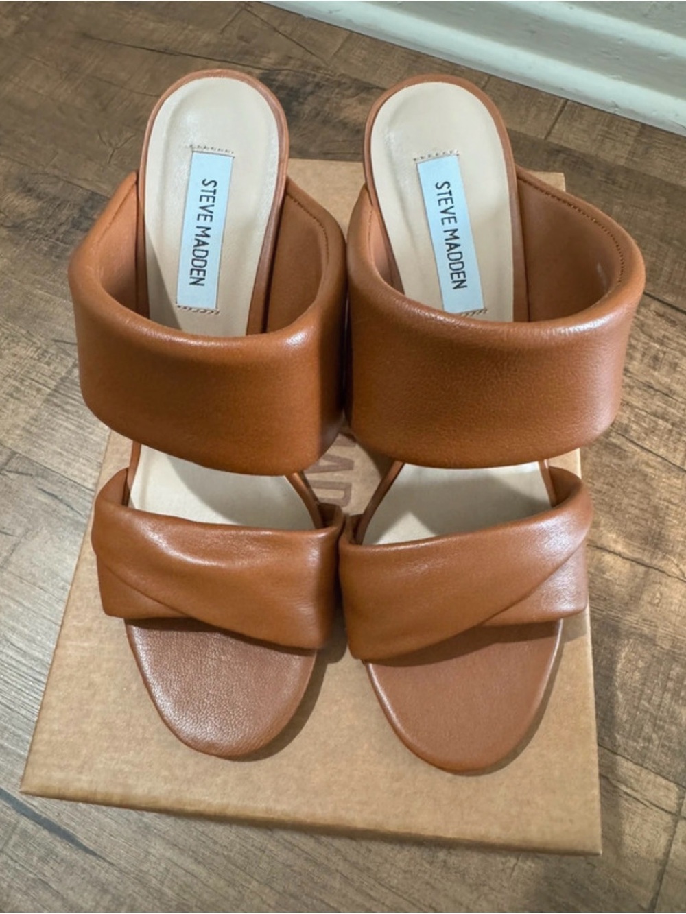 Steve Madden Cognac Padded Double-Strap Slide Mules